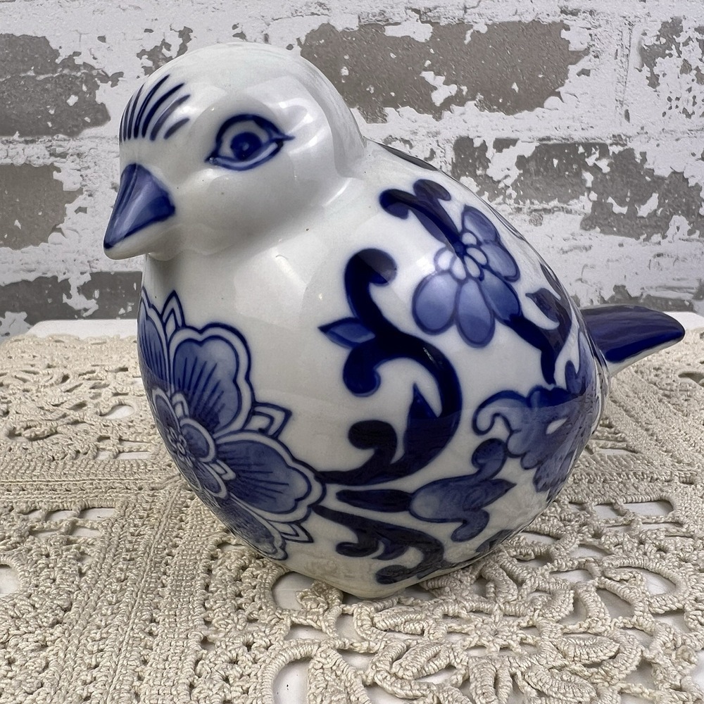 Chinoiserie Sitting Bird Cobalt Blue & White Floral Porcelain Figurine